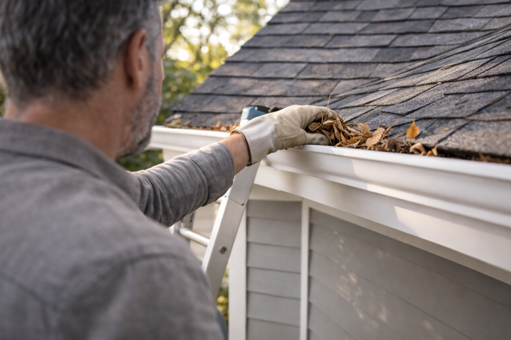 Homeowner cleaning leaves from house gutters while performing seasonal home maintenance.
