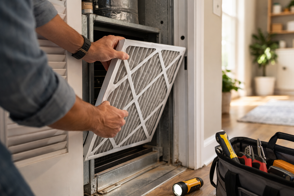 Homeowner changing an HVAC air filter as part of routine home maintenance