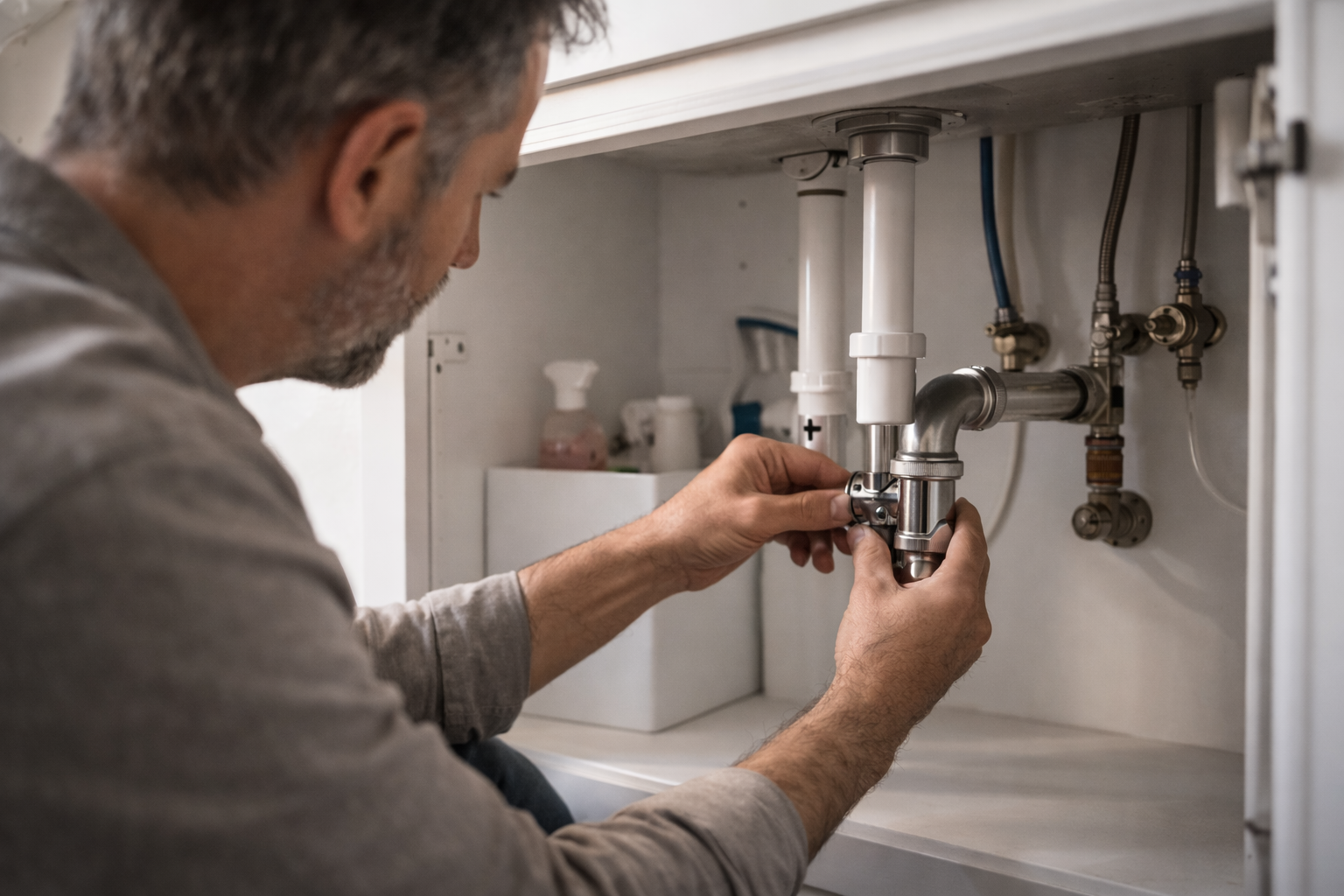 Homeowner inspecting plumbing pipes under a kitchen sink for leaks during routine home maintenance.