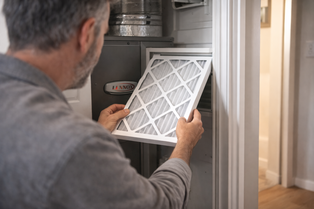 Homeowner replacing an HVAC air filter in a home ventilation system as part of regular maintenance.