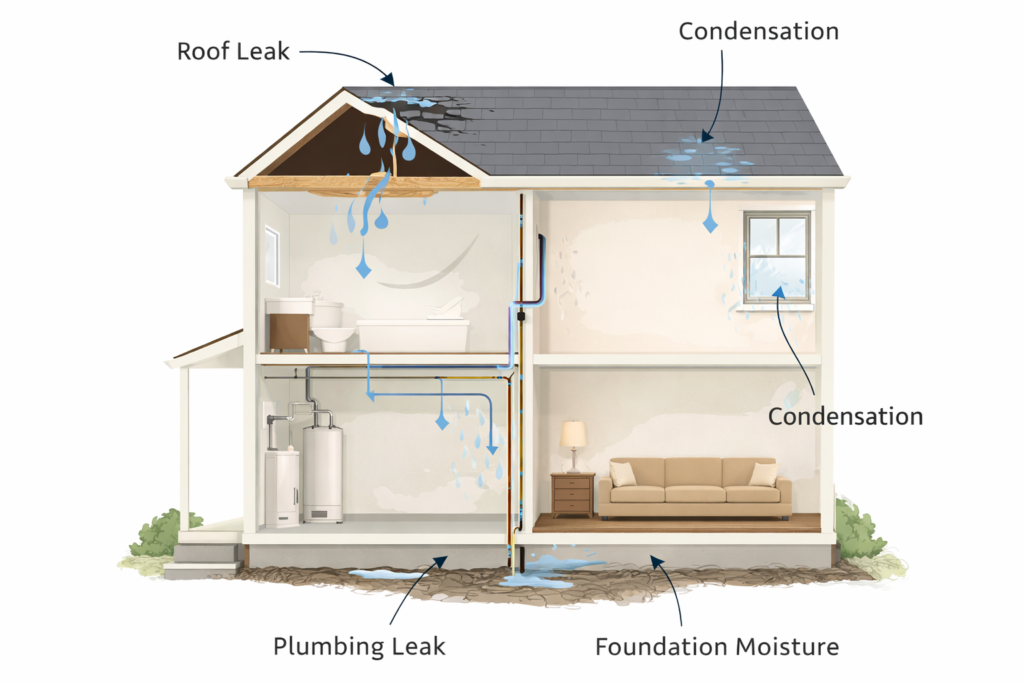 Diagram showing how hidden water damage can spread through walls, ceilings, and floors