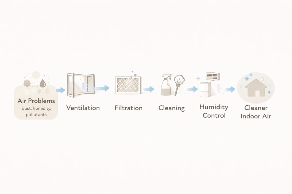 diagram showing steps from air quality problems to cleaner indoor air