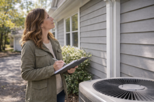 Homeowner inspecting exterior of a house during an annual home inspection.