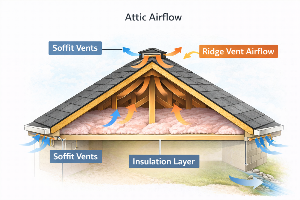 Diagram showing attic insulation and ventilation with soffit vents, ridge vent, and airflow through the attic