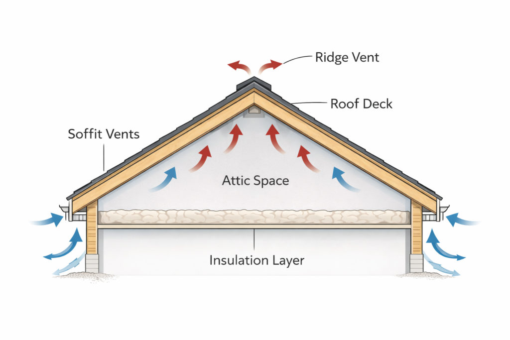 Diagram showing attic ventilation airflow with soffit vents bringing in cool air and ridge vents releasing warm air
