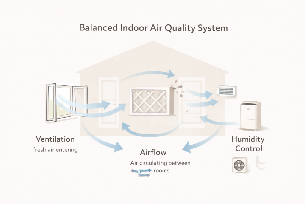diagram showing how ventilation, filtration, and humidity control work together in a home