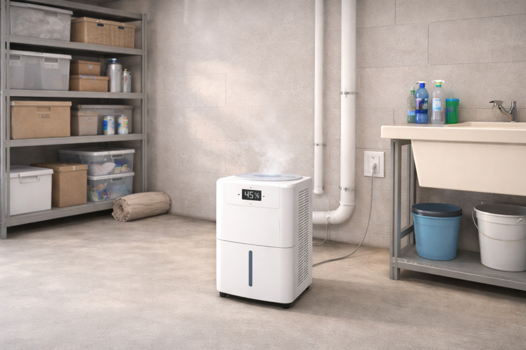 Basement dehumidifier controlling indoor humidity