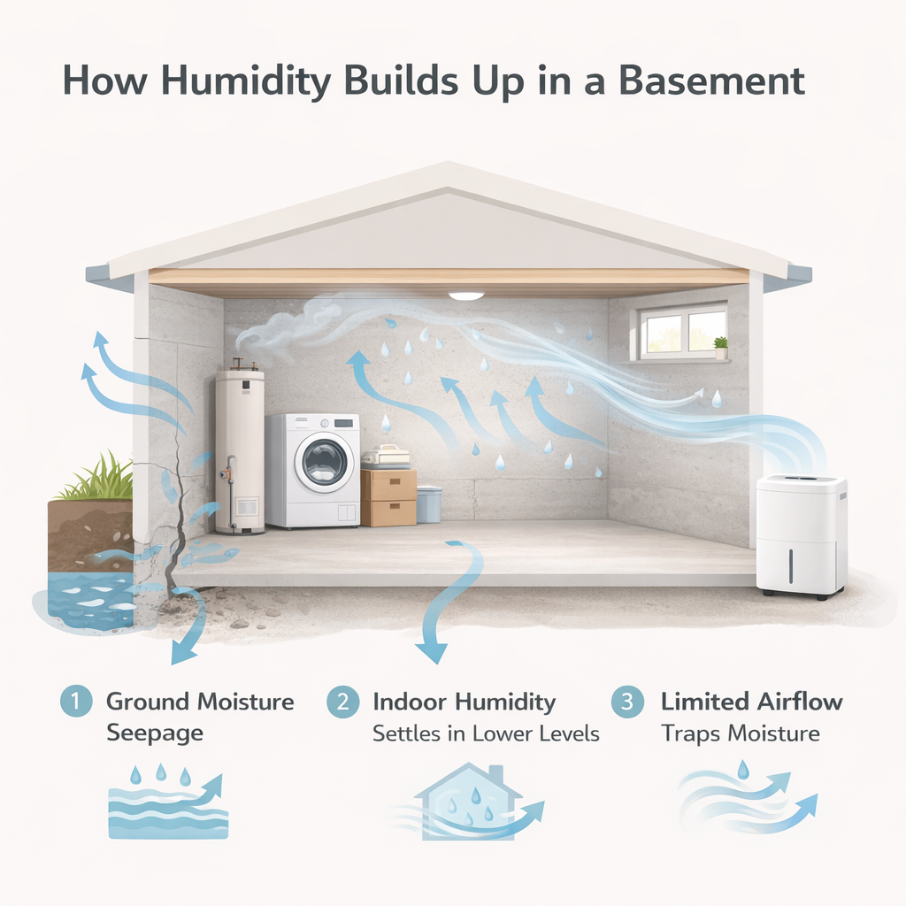 diagram showing how humidity builds up in a basement