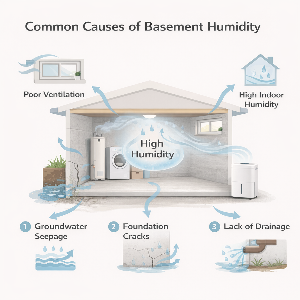 diagram showing causes of humidity in a basement