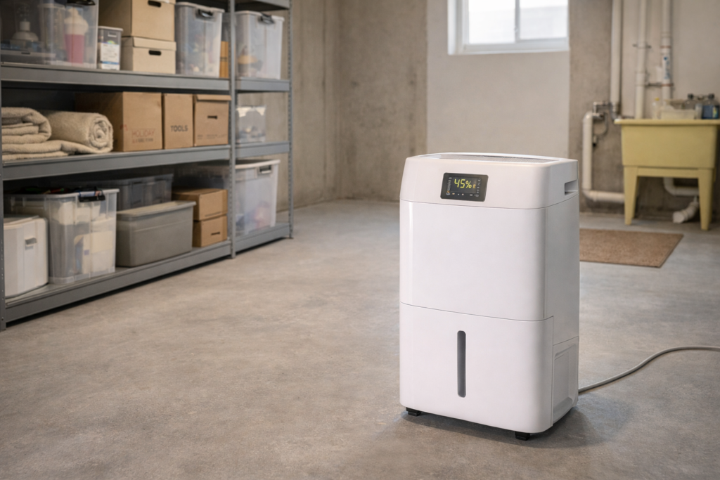 basement dehumidifier reducing indoor humidity