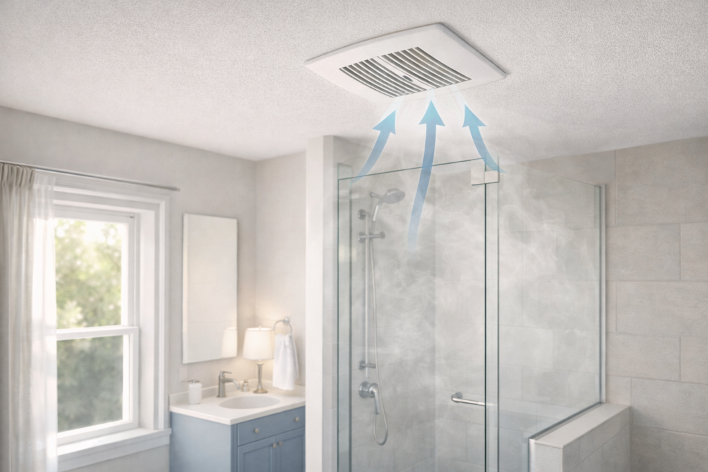 Bathroom exhaust fan removing moisture after shower