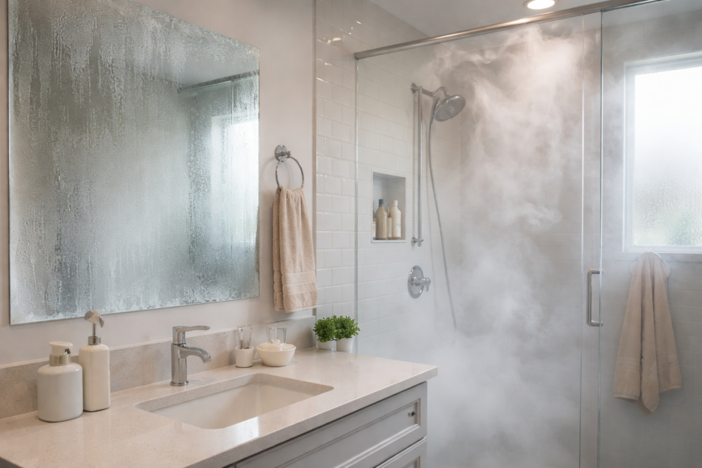steam from shower increasing indoor humidity