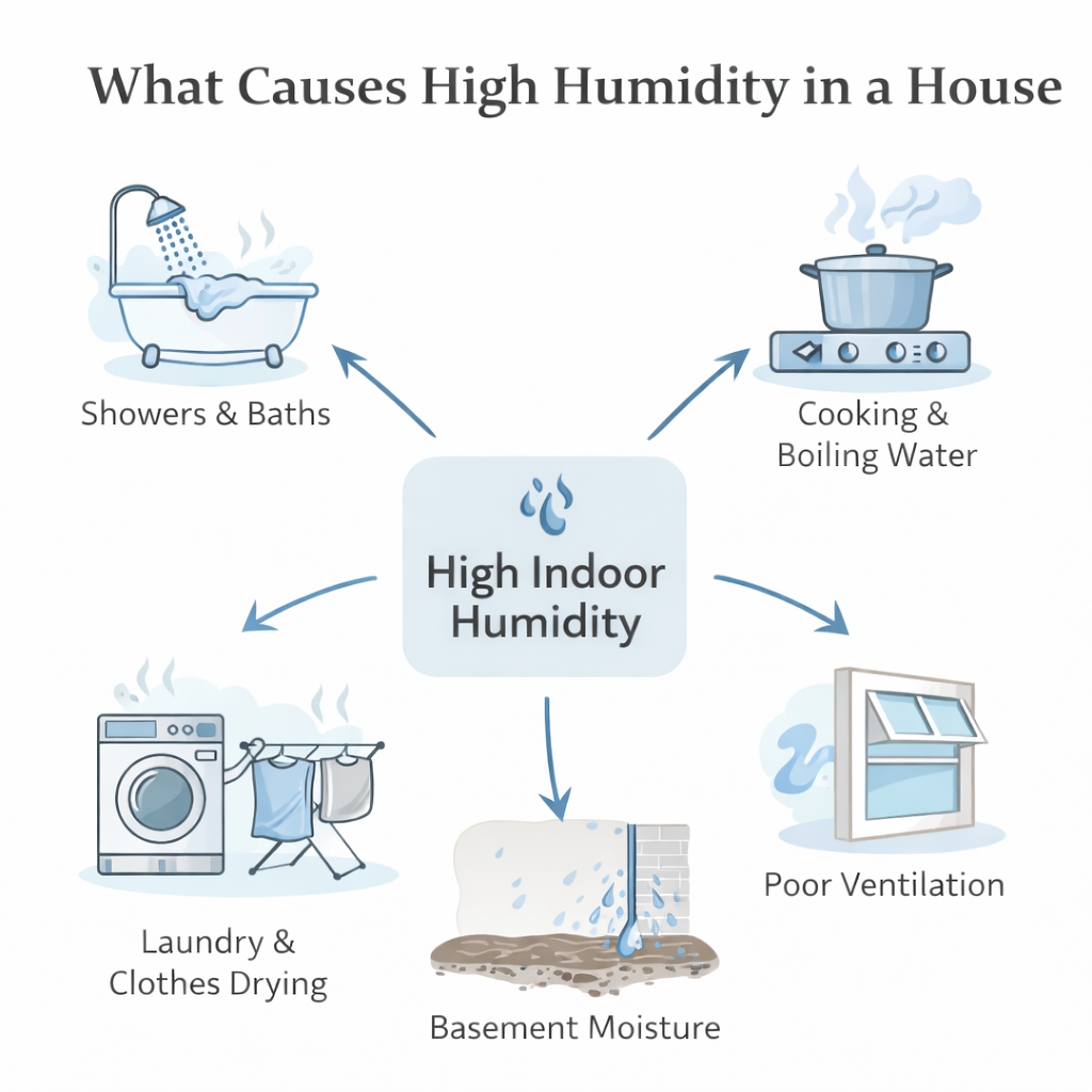 diagram showing common causes of high humidity in a house