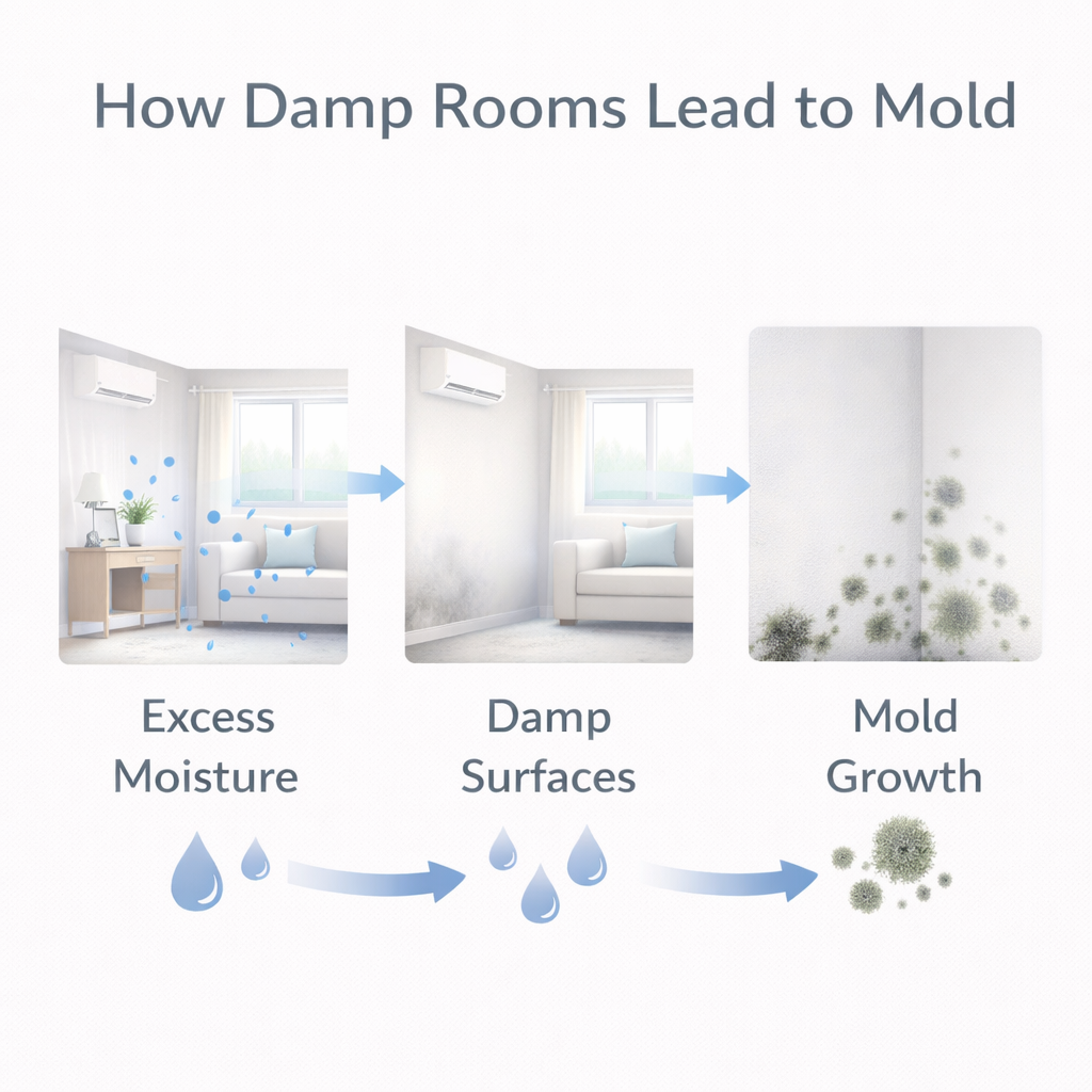 diagram showing damp room leading to mold growth