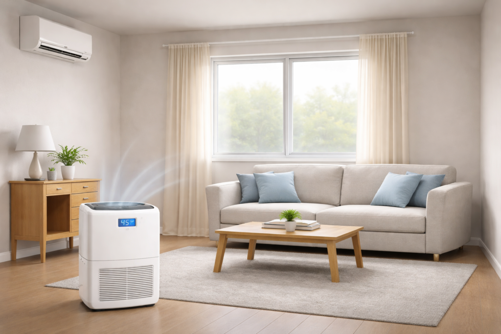 dehumidifier removing moisture from damp room