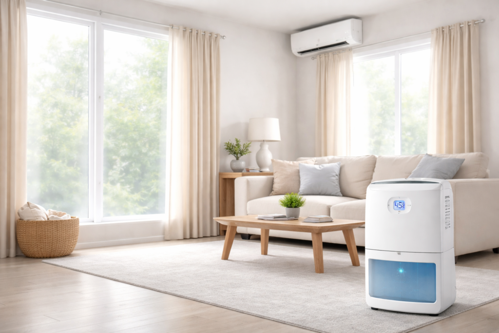 dehumidifier reducing humidity while air conditioning runs
