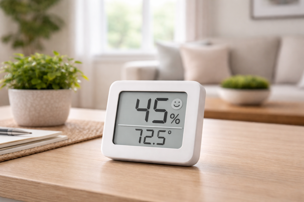 digital hygrometer measuring humidity level in a home