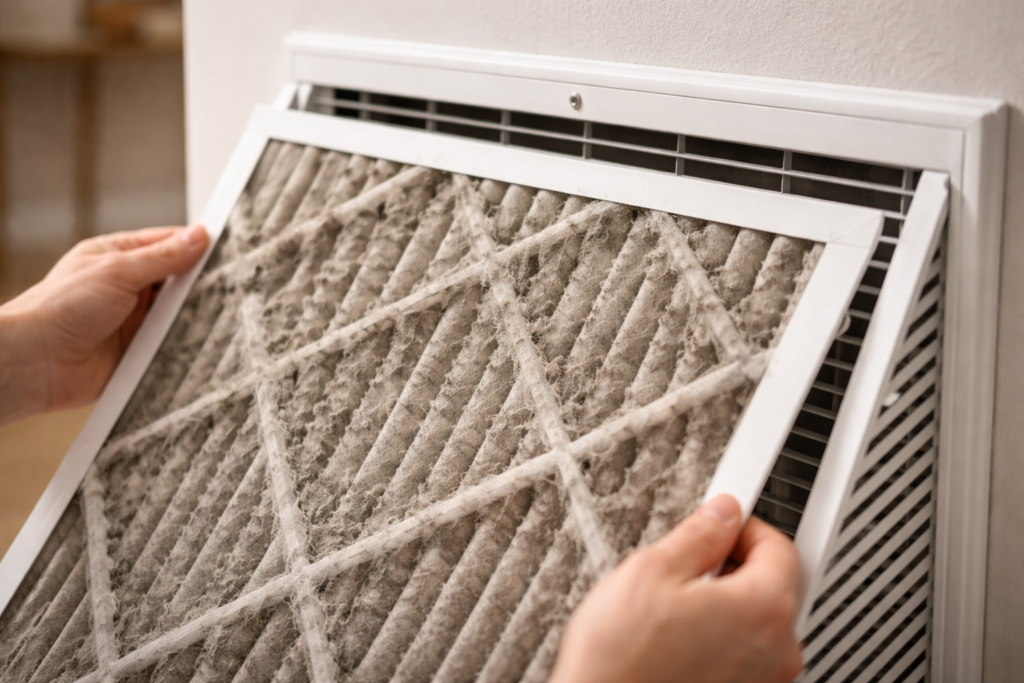 dirty home air filter filled with dust and debris