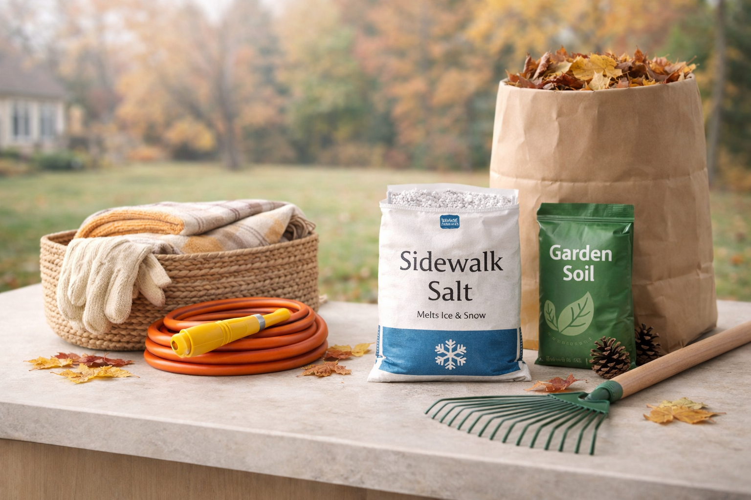 Fall outdoor home maintenance tools with sidewalk salt and garden supplies