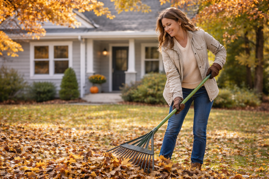Female homeowner raking leaves during fall home maintenance.