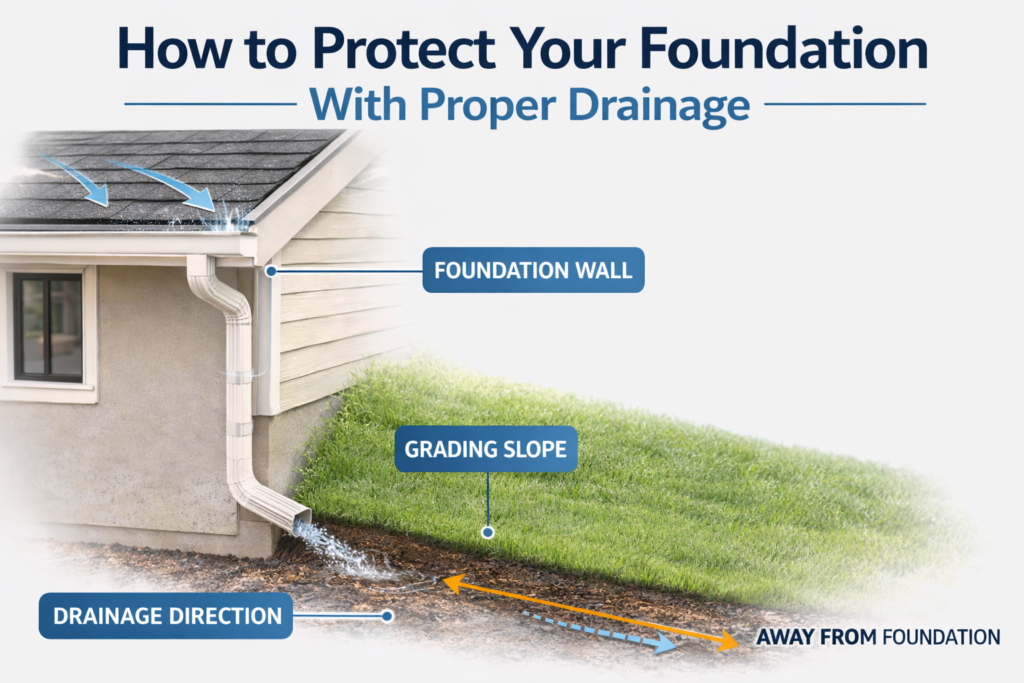Diagram showing proper drainage around a house foundation with grading and downspout extensions directing water away