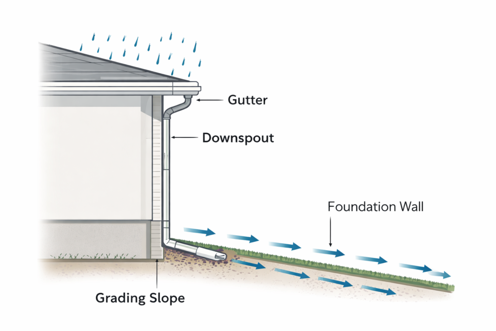 Diagram showing proper drainage around a house foundation with gutters, downspouts, and grading directing water away from the home