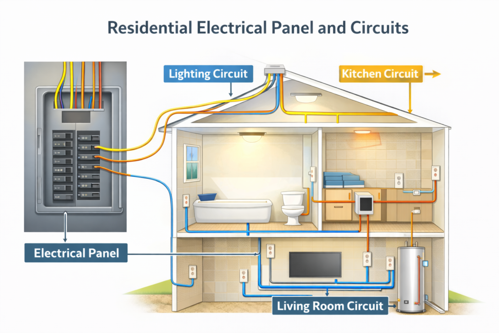 Diagram showing residential electrical system with breaker panel, circuits, and outlets