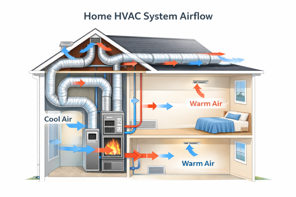 Diagram showing how a residential HVAC system distributes heated and cooled air through ductwork