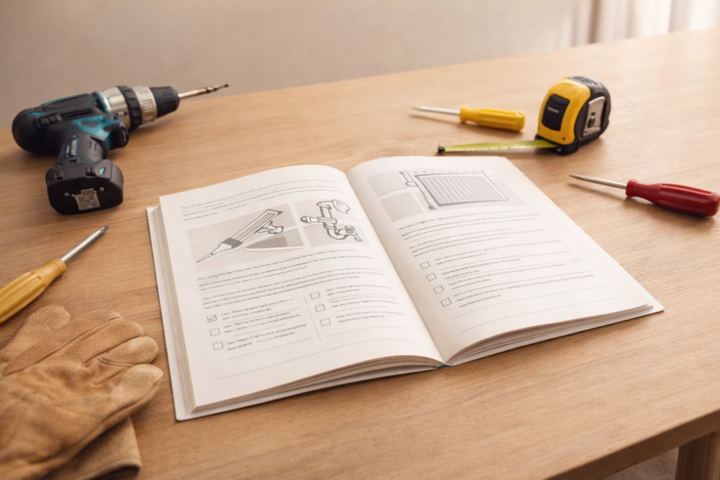 Home maintenance tools and homeowner guide book representing practical home maintenance resources