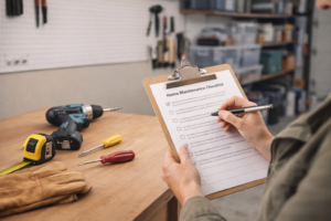 Homeowner reviewing a home maintenance checklist with tools on a workbench