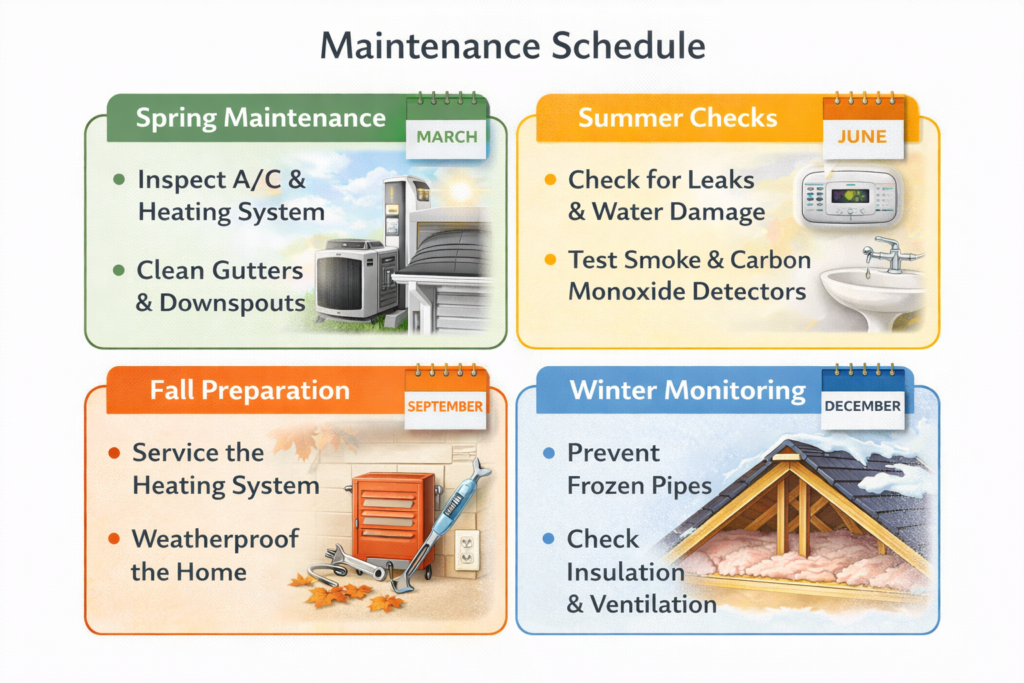 Seasonal home maintenance schedule showing common tasks homeowners should review throughout the year