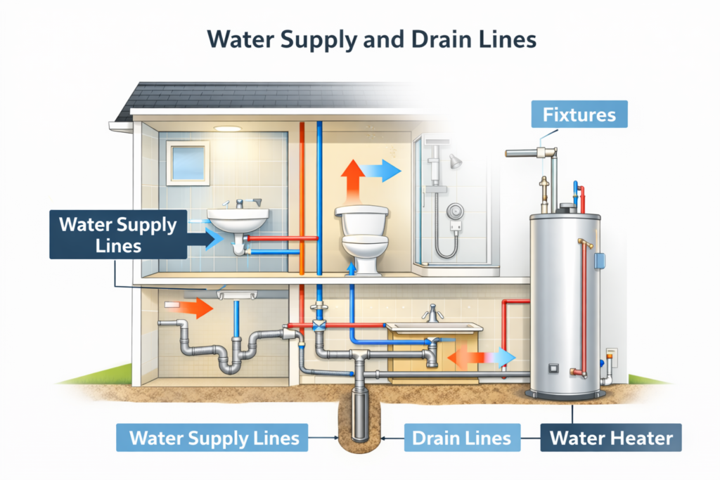 Diagram showing residential plumbing system including water supply lines, drains, and fixtures