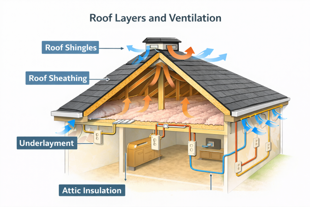 Diagram showing residential roofing system layers including shingles, underlayment, decking, flashing, and ventilation