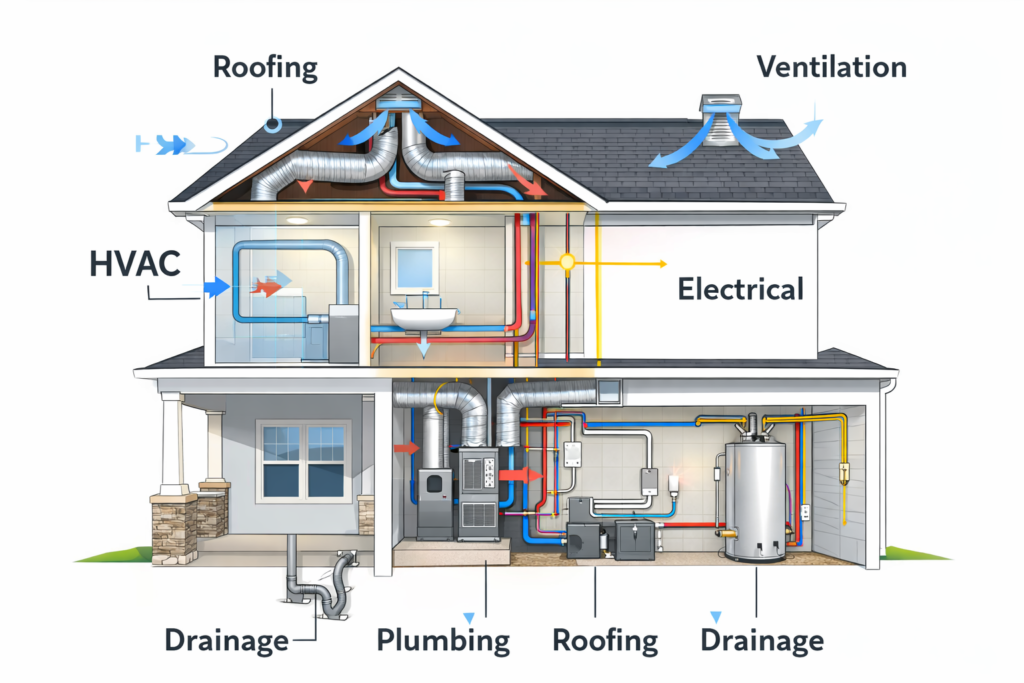 Diagram showing major home systems including HVAC, plumbing, electrical, roofing, and drainage