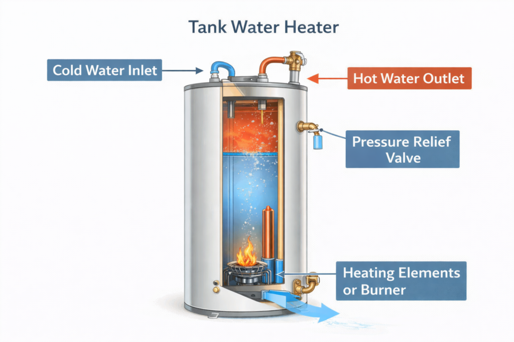Diagram showing residential water heater components including tank, heating elements, and water connections