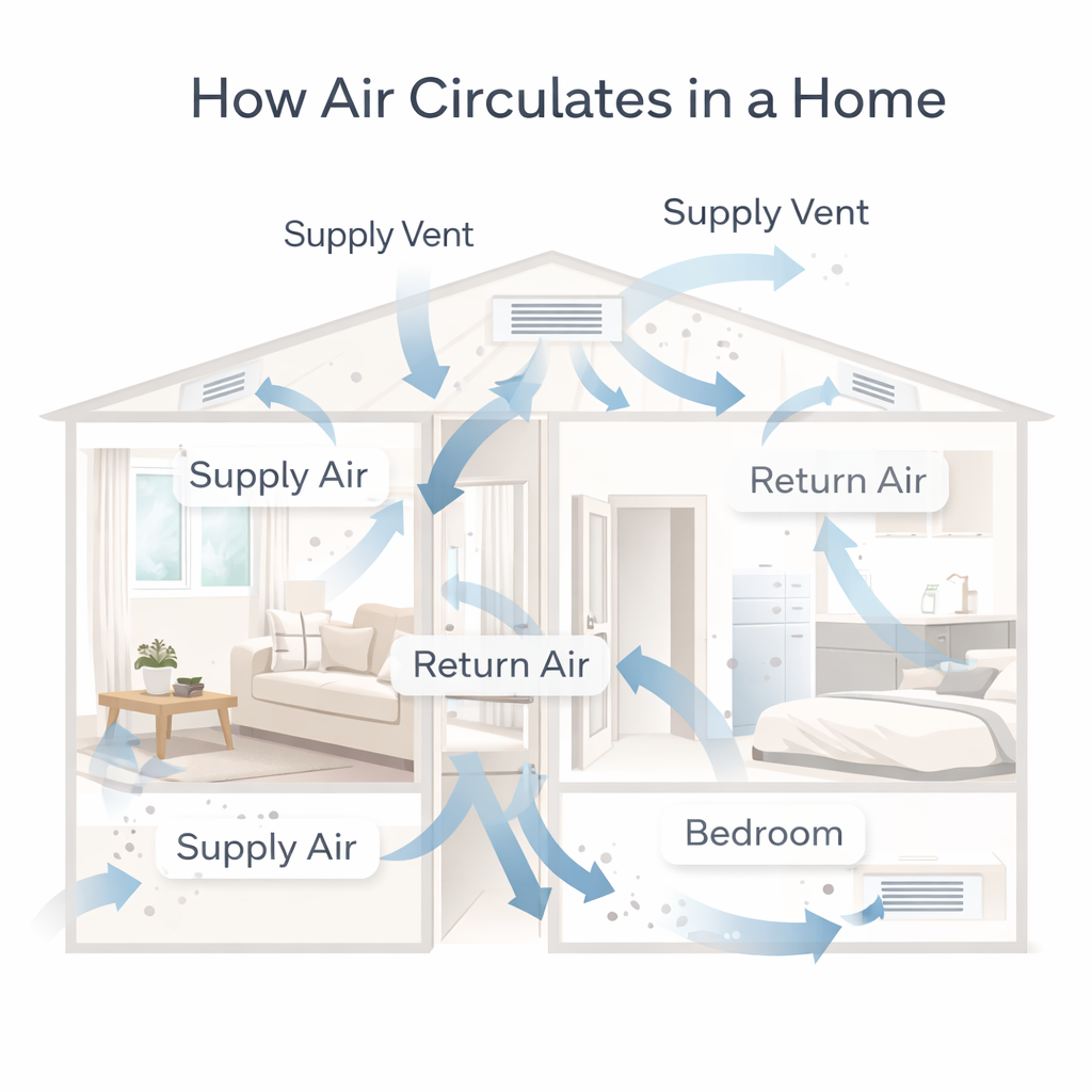 diagram showing common signs of poor indoor air quality inside a home