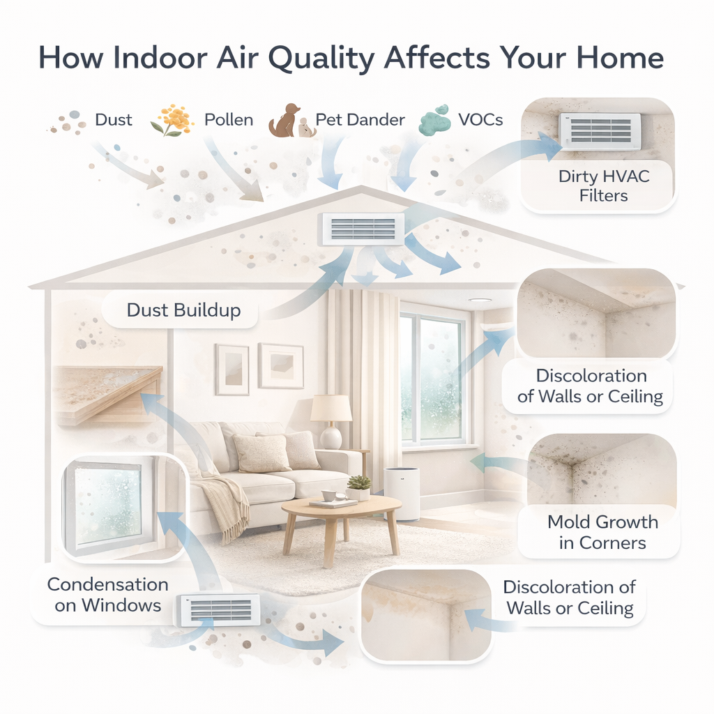 diagram showing how poor indoor air quality leads to dust, mold, and condensation in a home