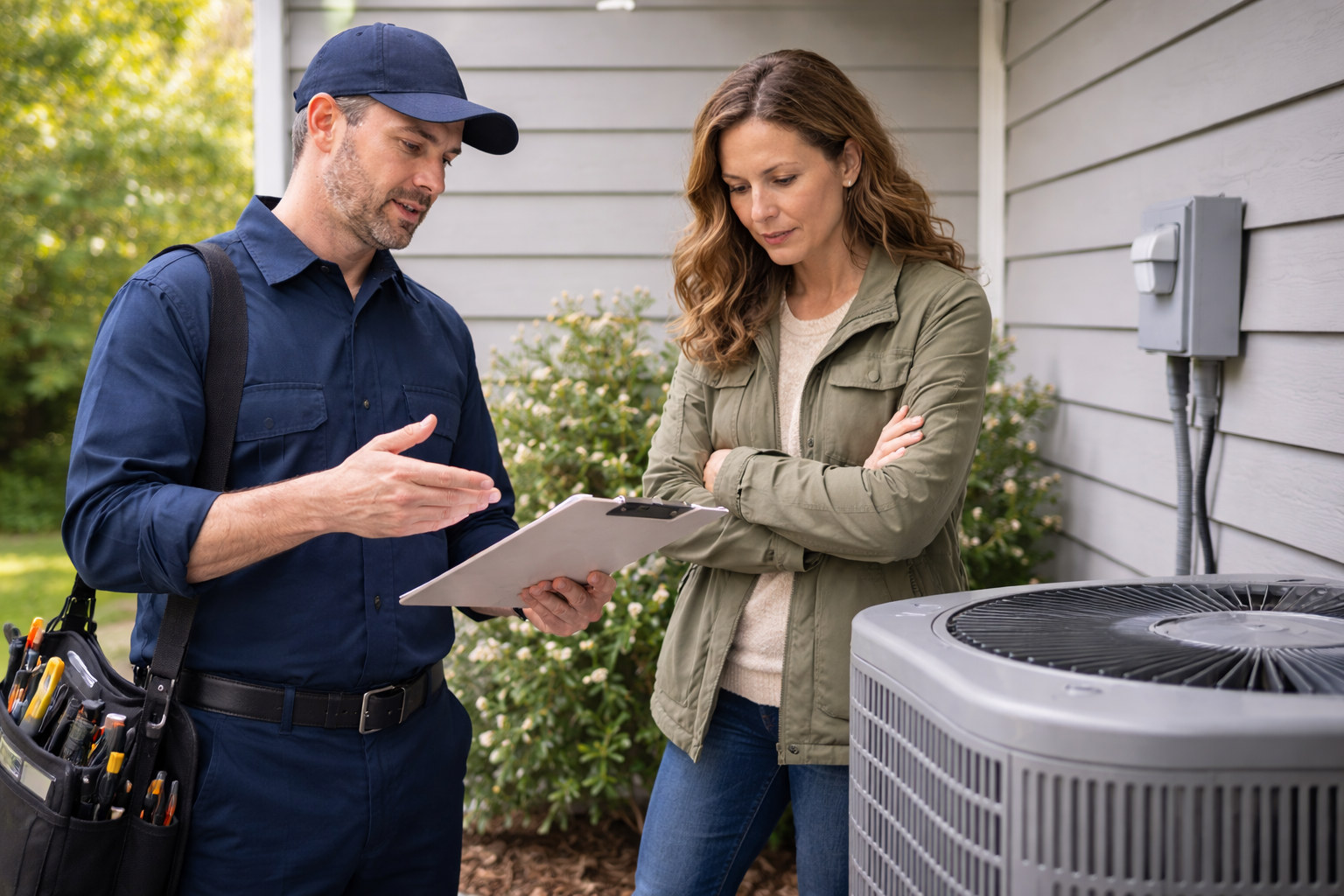 Homeowner discussing HVAC repair with technician outside a house.