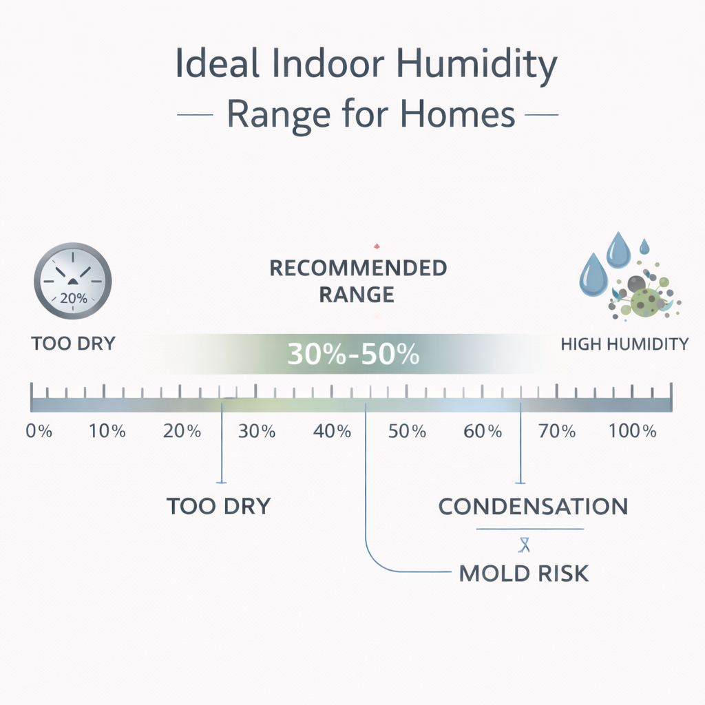 Diagram showing recommended indoor humidity range 30 to 50 percent