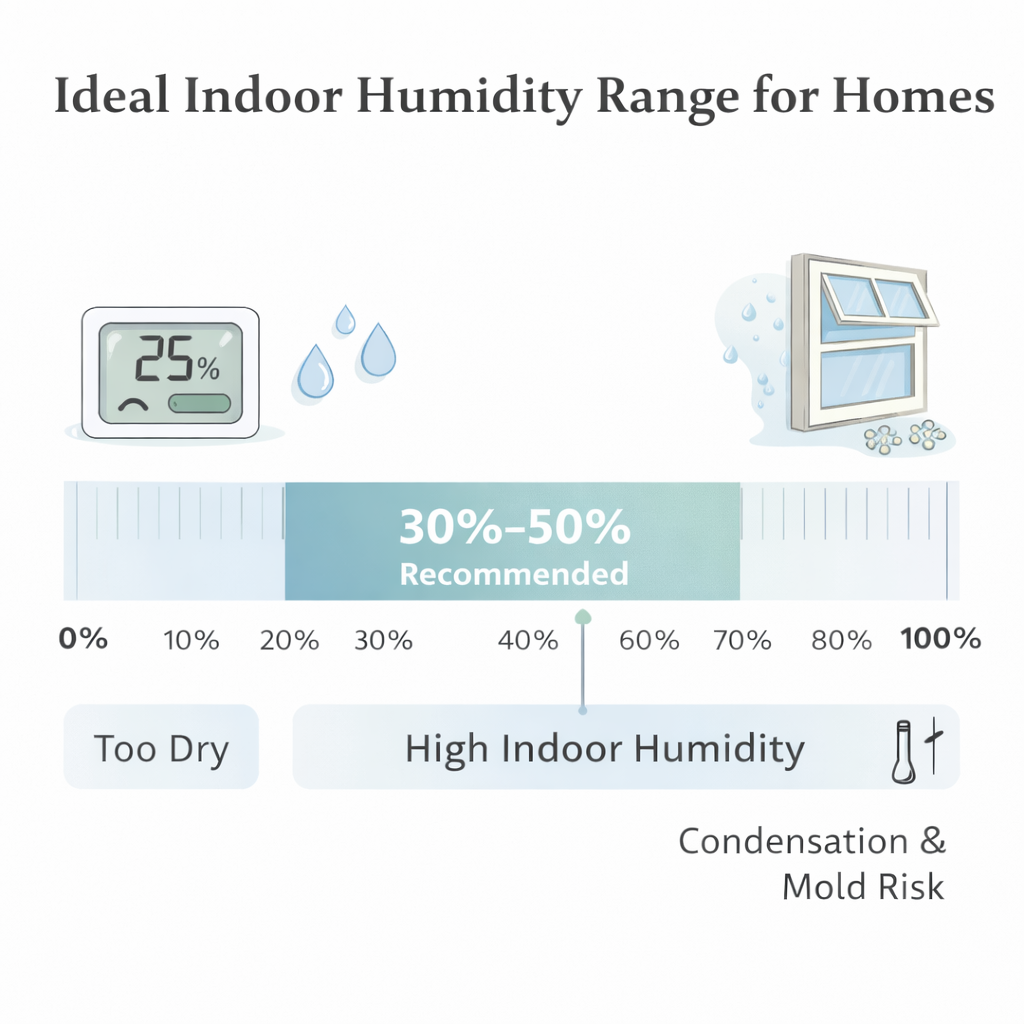 diagram showing recommended indoor humidity range for homes