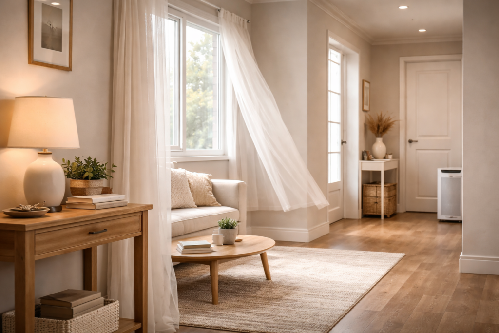 bright living room with open windows showing fresh airflow and clean indoor environment