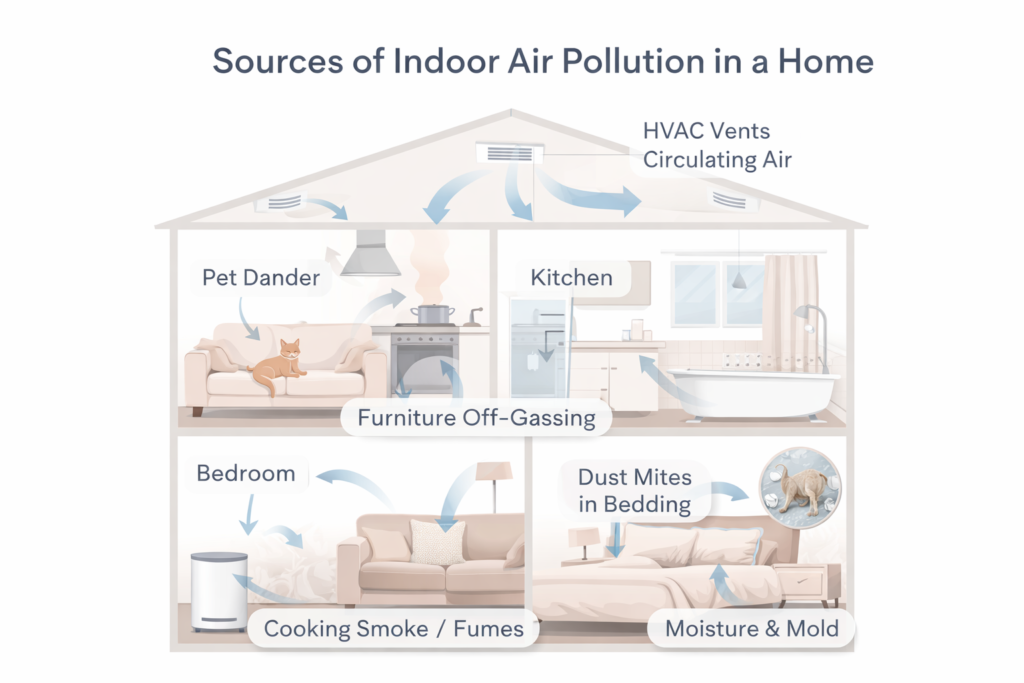 diagram showing common indoor air pollution sources in different areas of a home