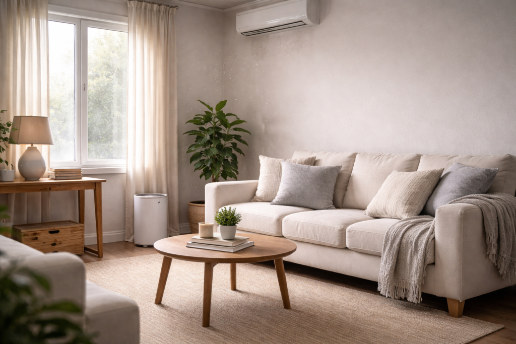 clean living room with sunlight showing dust particles and subtle indoor air quality issues