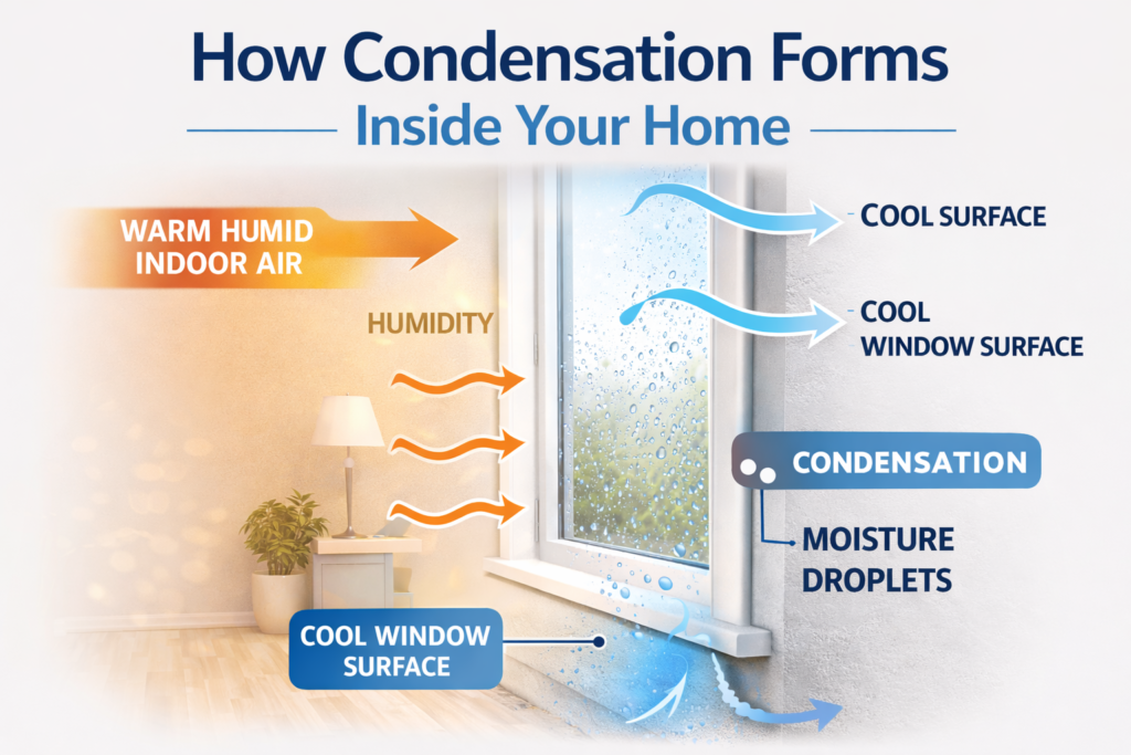 Diagram showing indoor humidity creating condensation on cool surfaces like windows and exterior walls