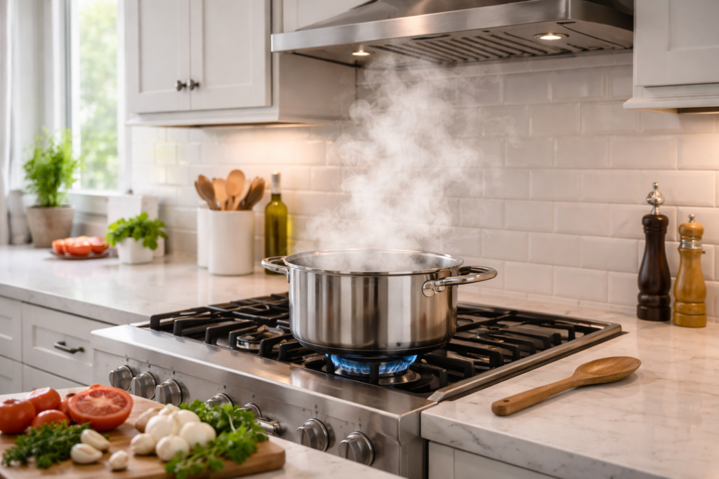 steam from cooking increasing humidity in kitchen