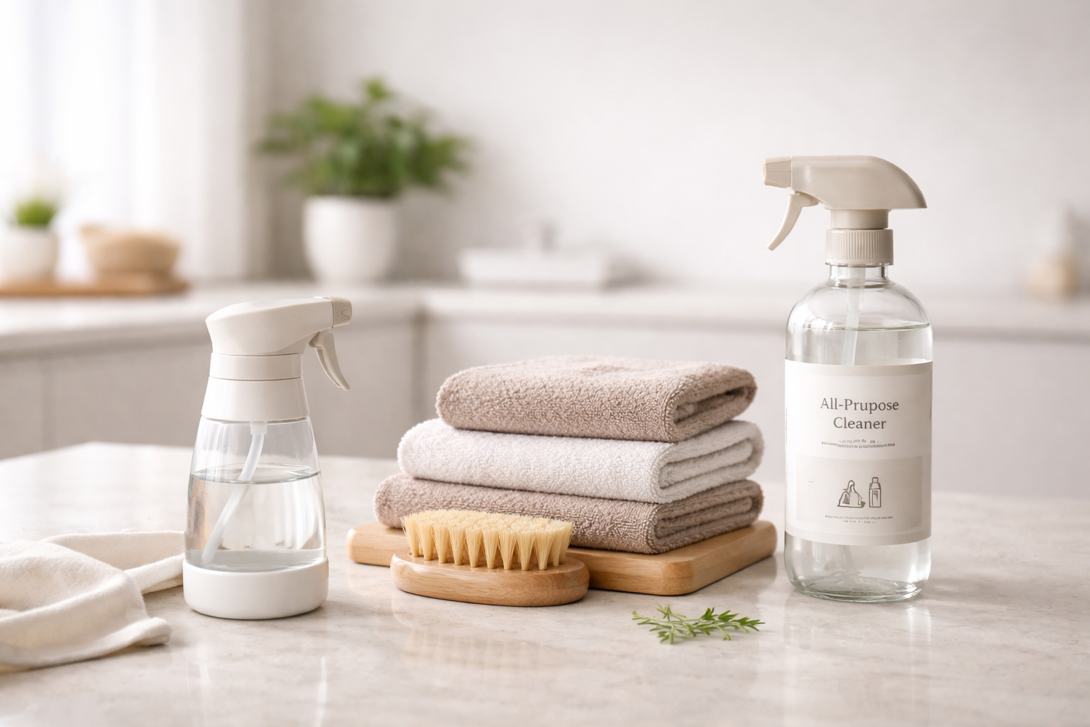 Minimalist home cleaning supplies on marble countertop in bright modern kitchen