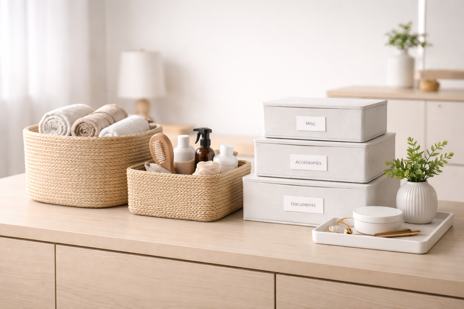 Minimalist home organization setup with storage boxes and baskets on dresser