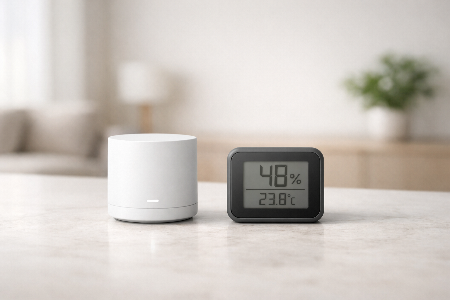 Minimalist smart home devices on a marble countertop with humidity display in a bright modern interior