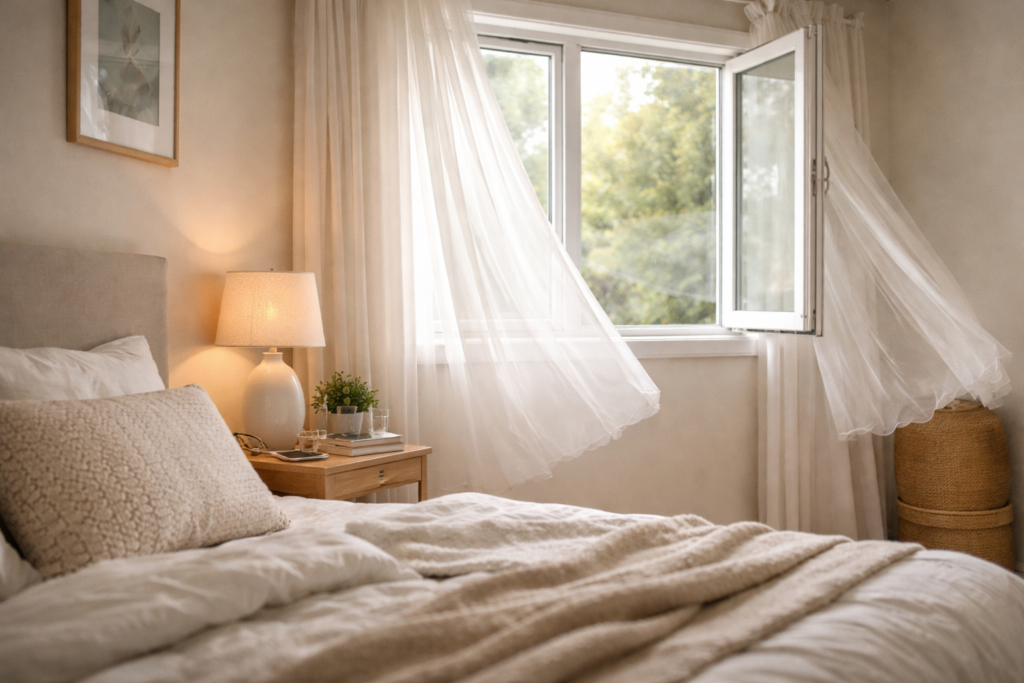 open bedroom window with fresh air and moving curtains