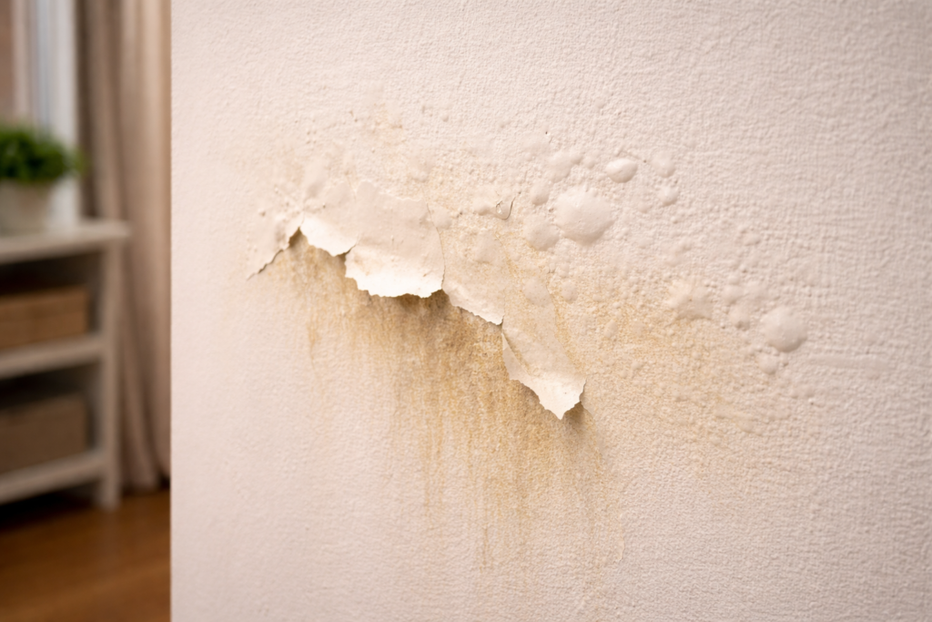 Peeling paint on wall caused by moisture behind the surface